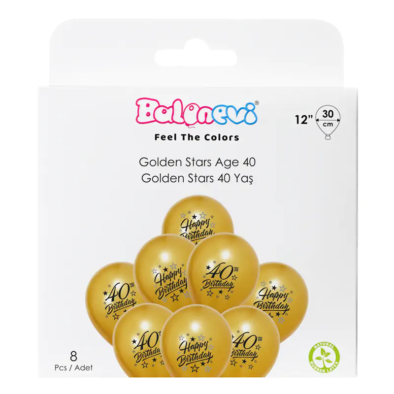 2+1 Golden Stars 40 Yaş Baskılı 12" Balon Seti 8'li