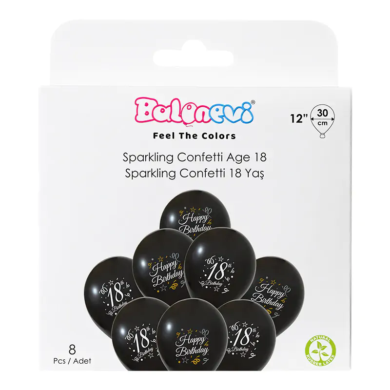 3+1 Sparkling Confetti 18 Yaş Baskılı 12" Balon Seti 8'li