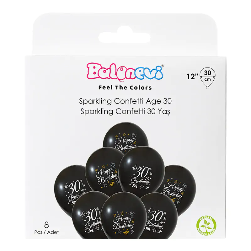 3+1 Sparkling Confetti 30 Yaş Baskılı 12" Balon Seti 8'li