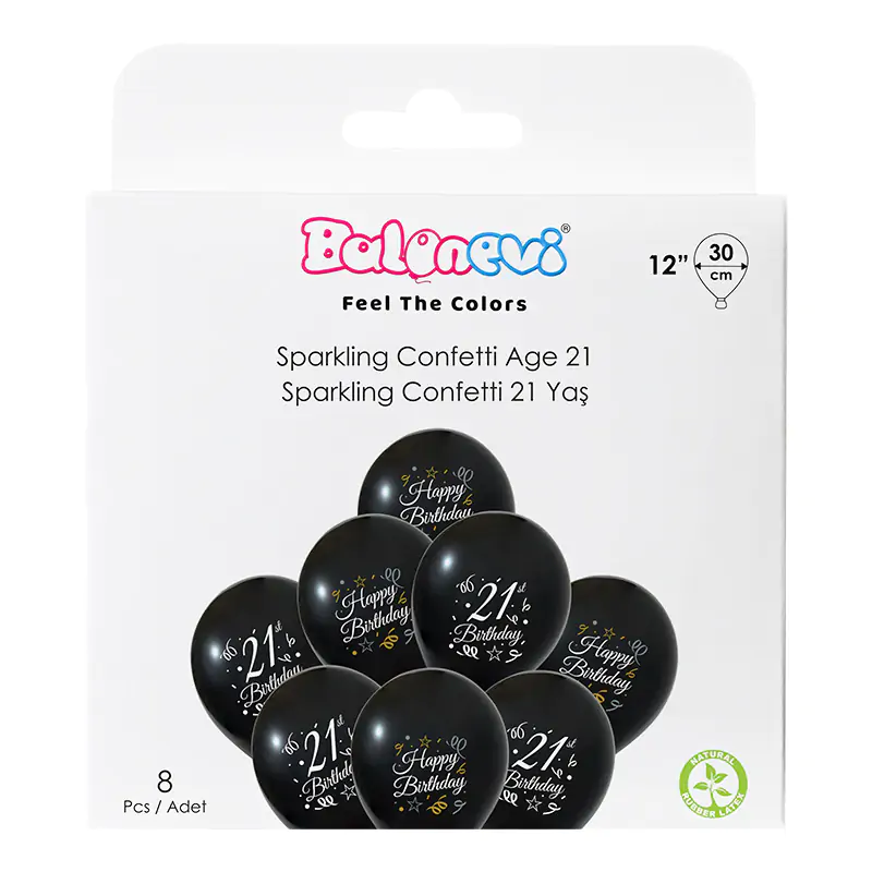 3+1 Sparkling Confetti 21 Yaş Baskılı 12" Balon Seti 8'li