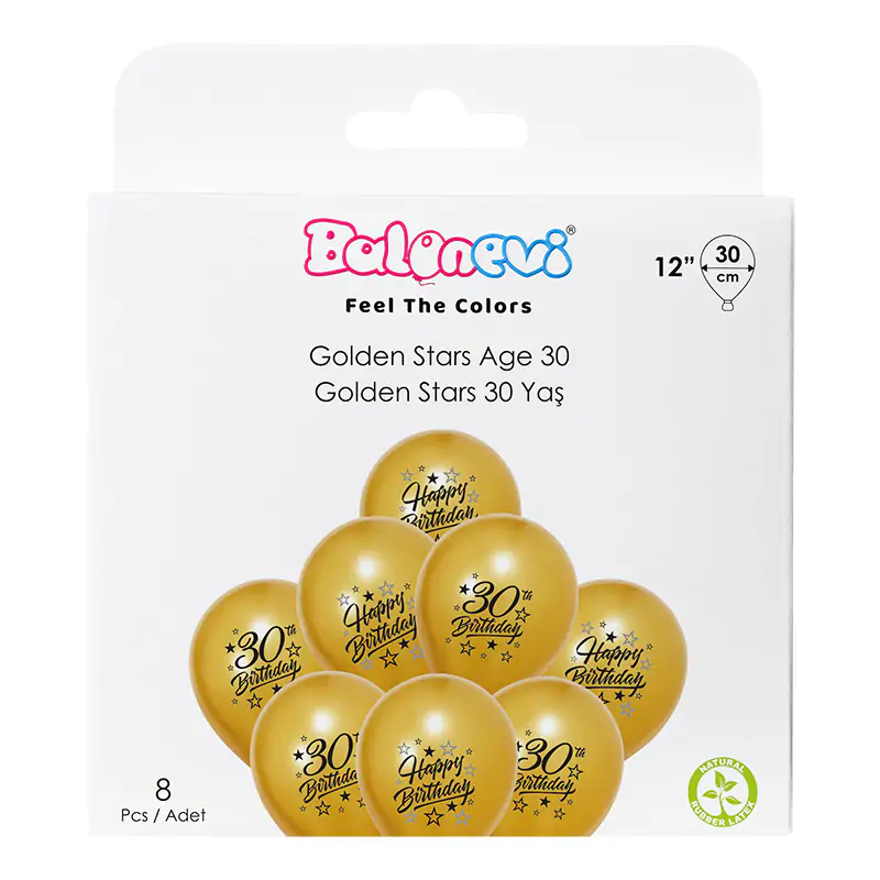2+1 Golden Stars 30 Yaş Baskılı 12" Balon Seti 8'li