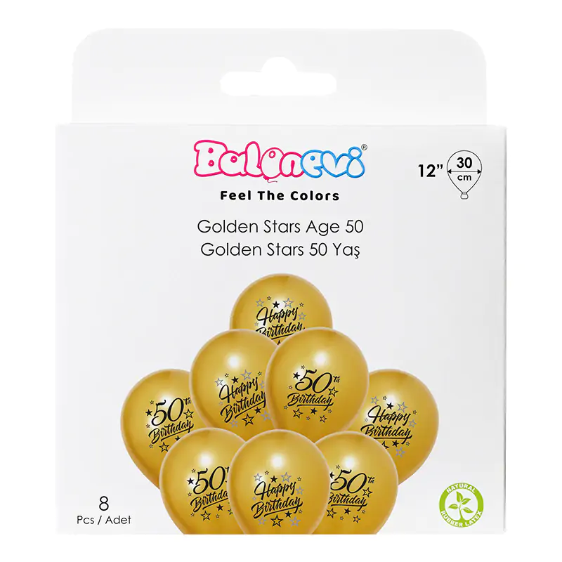 2+1 Golden Stars 50 Yaş Baskılı 12" Balon Seti 8'li