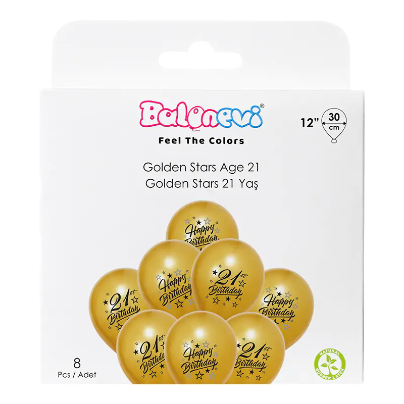 2+1 Golden Stars 21 Yaş Baskılı 12" Balon Seti 8'li